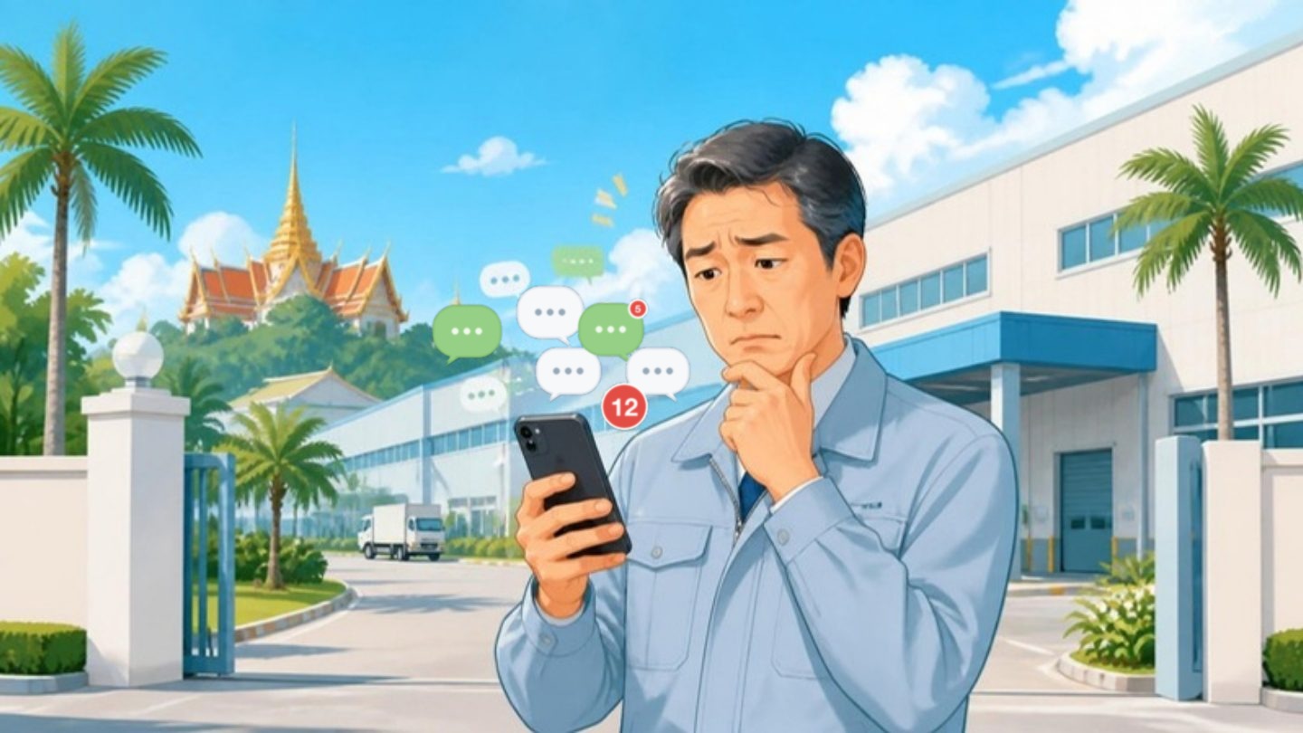 シラチャの工場前で、未読のLINEに困る日本人工場長