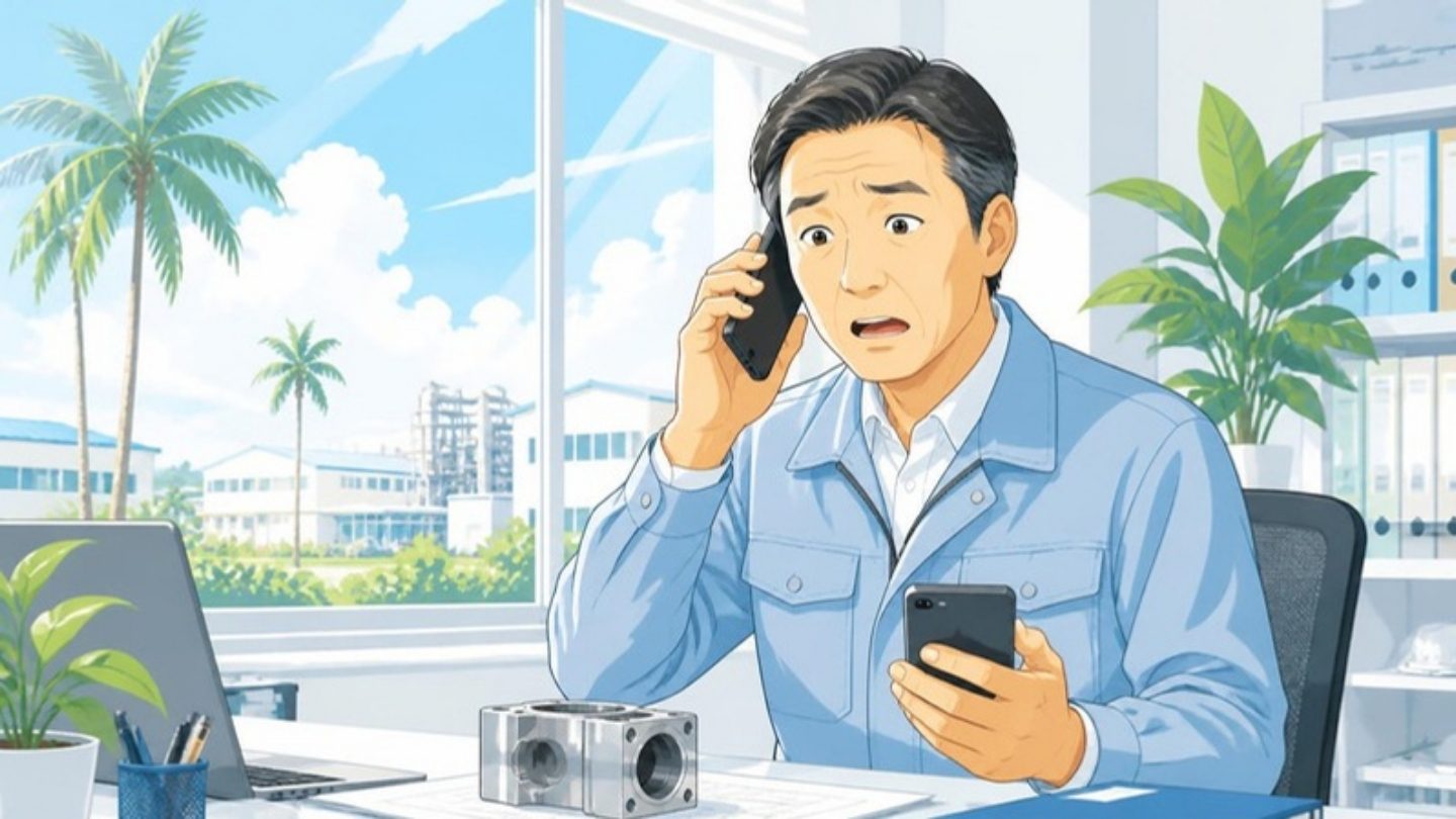 取引先からのクレームの電話を受ける工場長