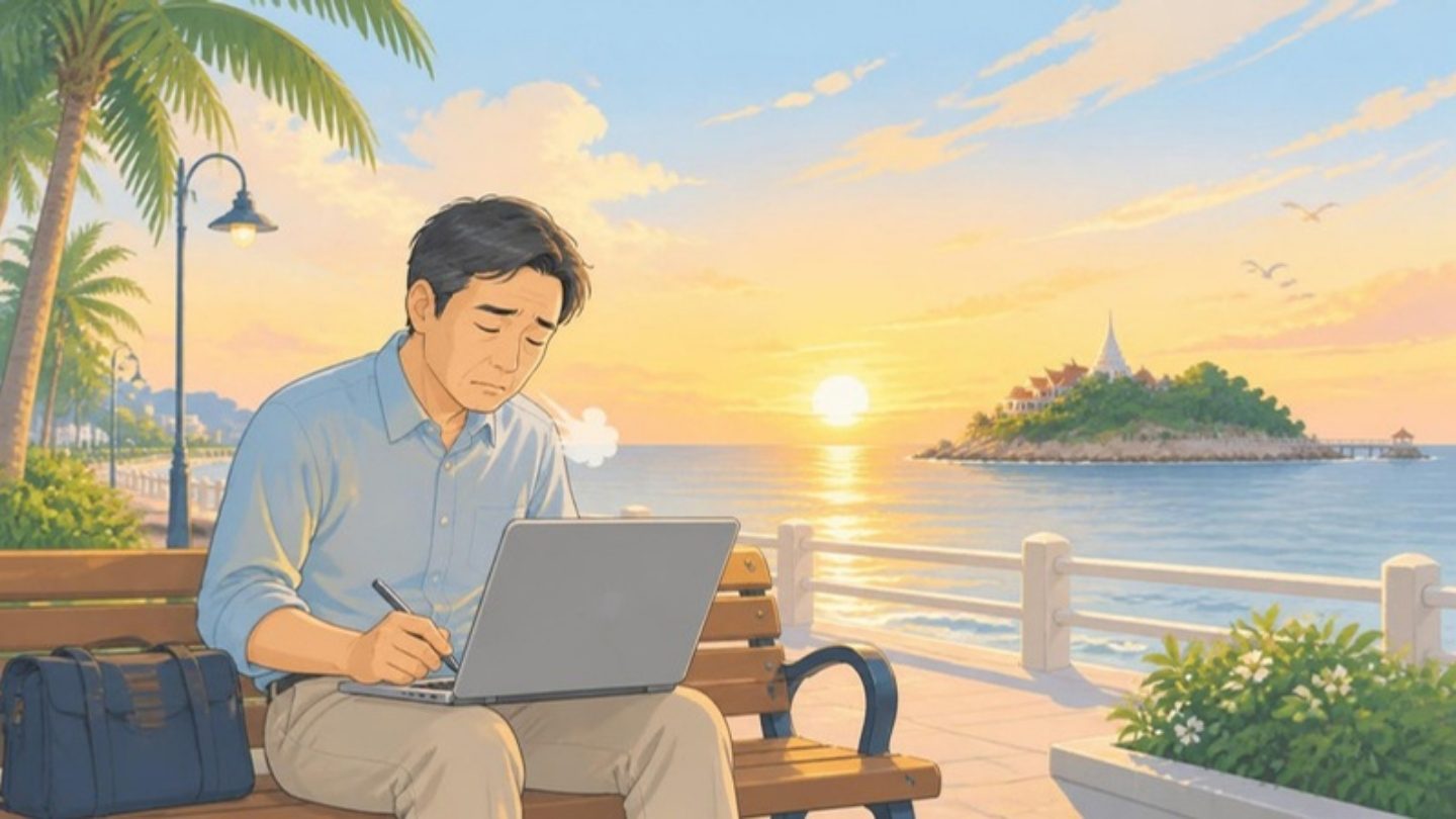 夕方の海辺で週報を書く工場長