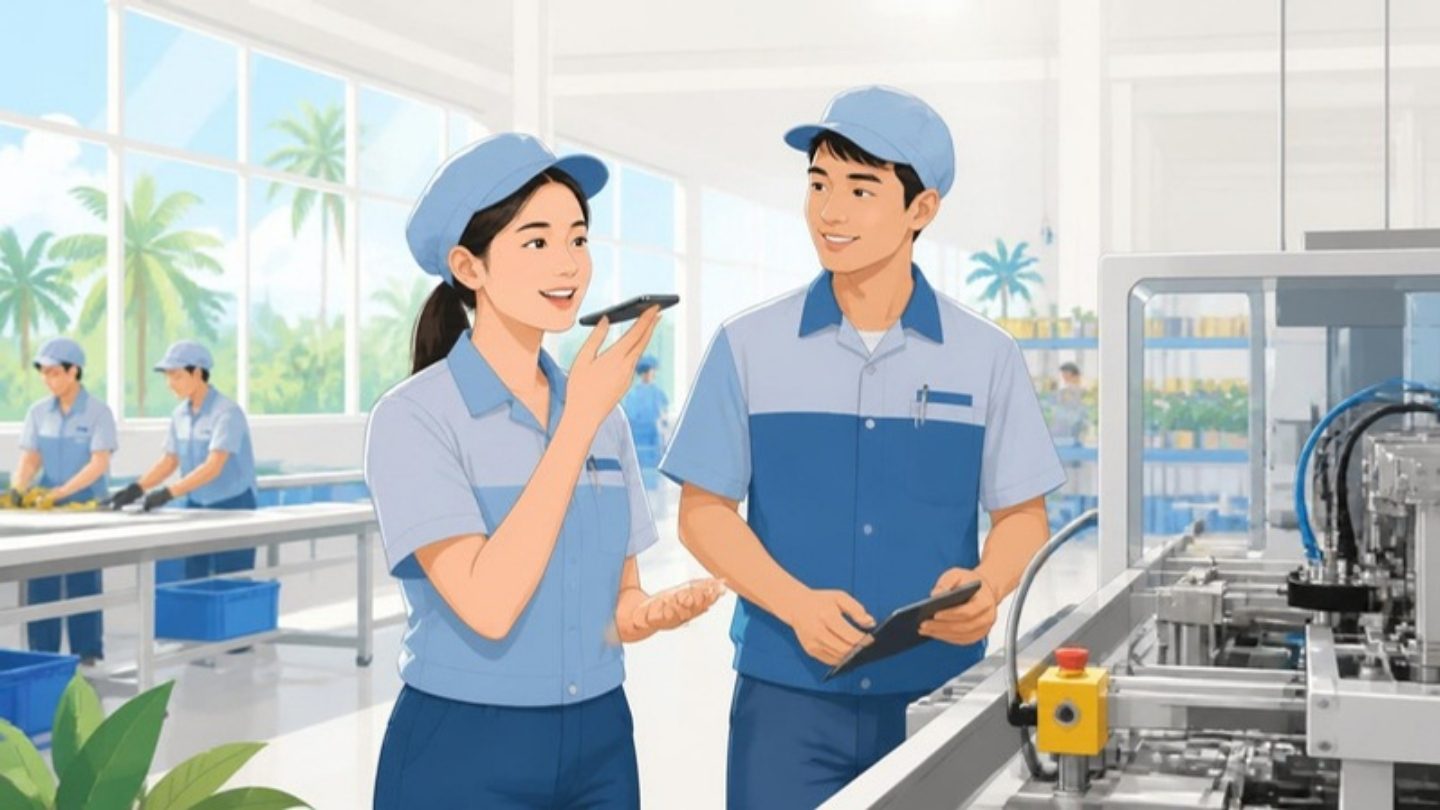 タイ人スタッフが笑って、いつも通りLINEで音声を送っている