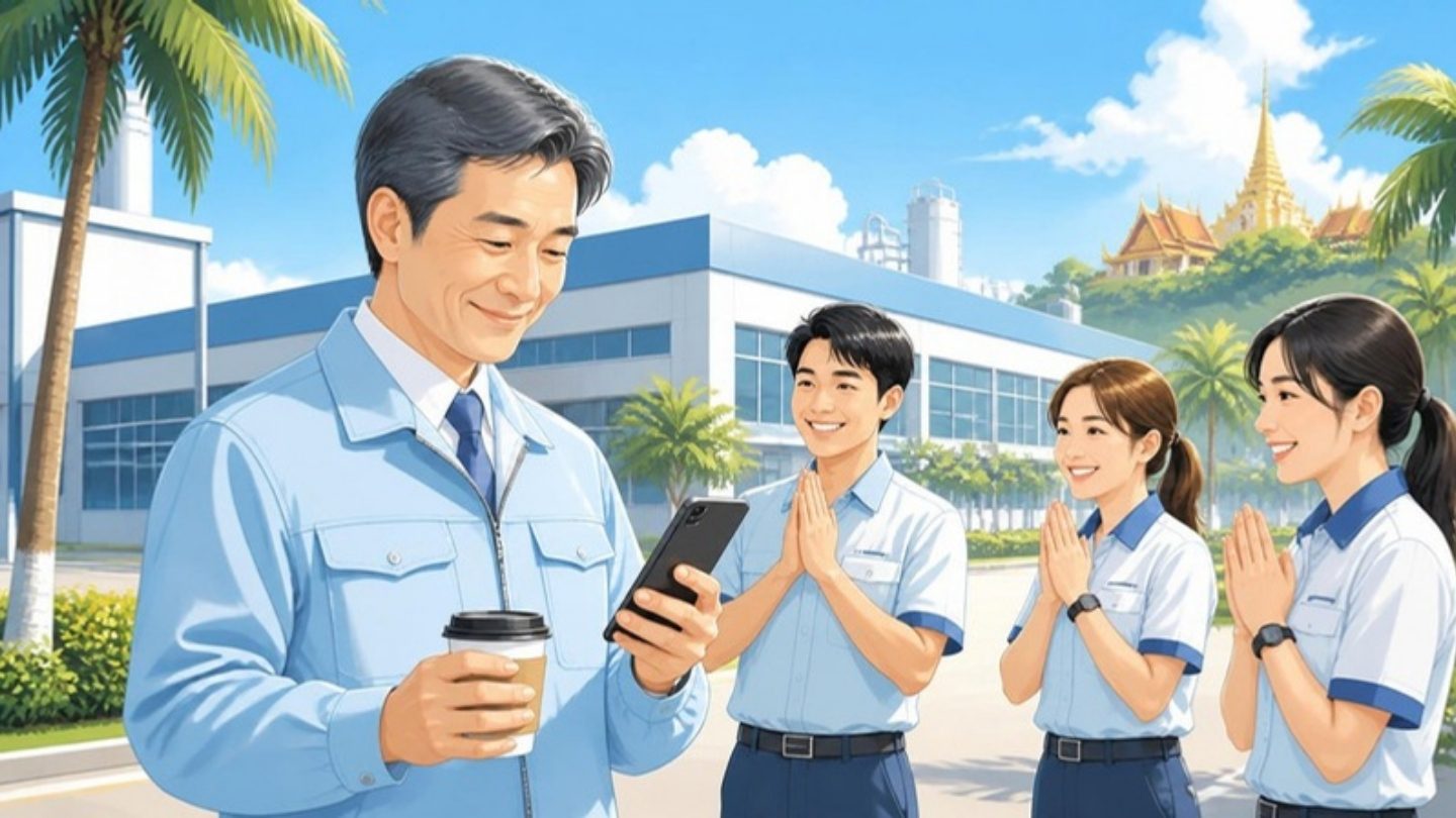朝、スマホで日報を読む日本人の管理者と、あいさつするタイ人スタッフ