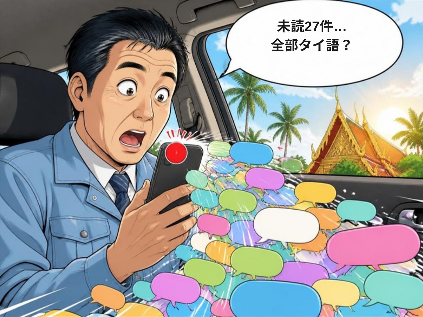 1コマ漫画:朝、未読のチャットがあふれる