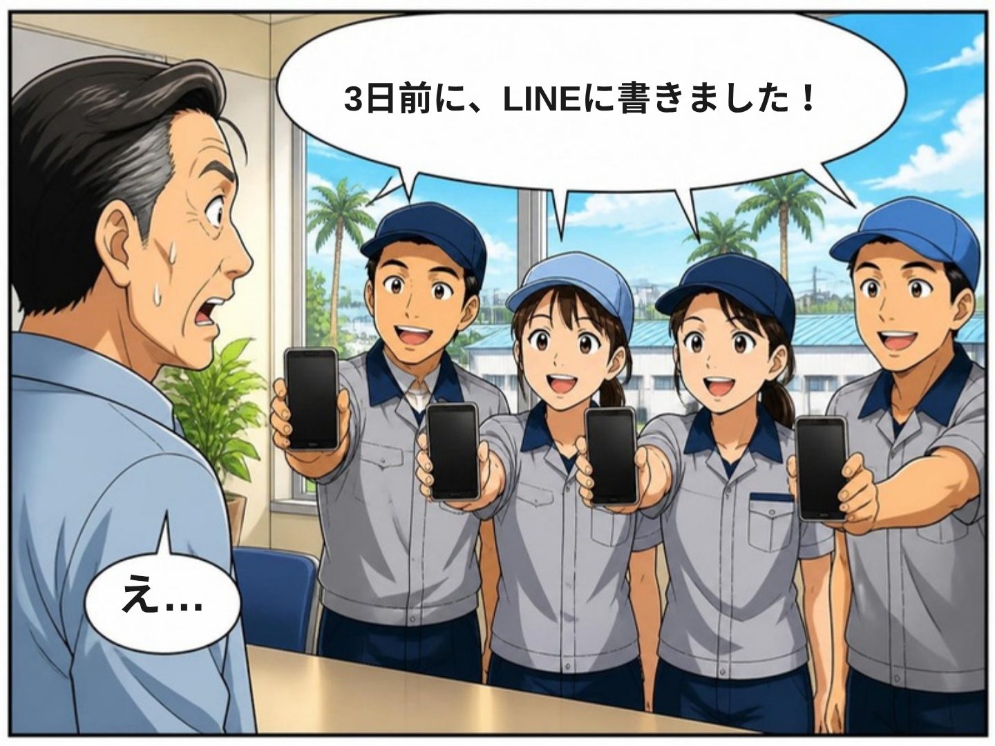 1コマ漫画:スタッフ全員が3日前にLINEに書いたとスマホを見せる
