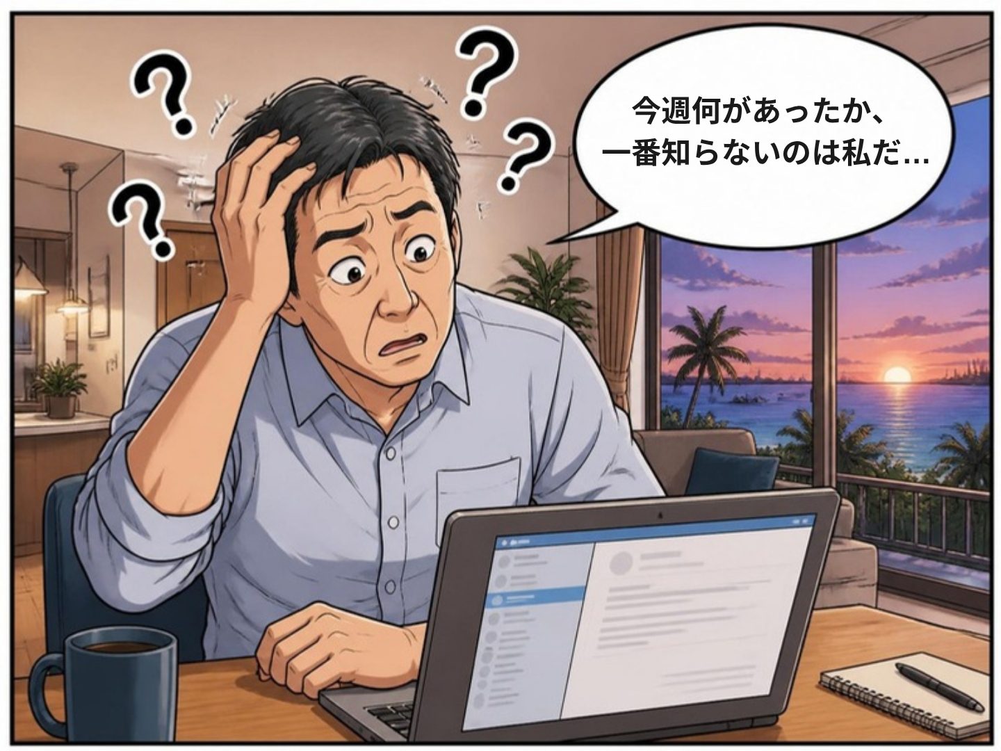 1コマ漫画:週報を前に頭を抱える工場長
