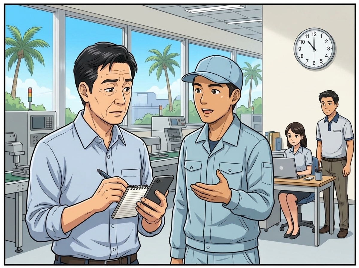 1コマ漫画：月曜の朝の工場。日本人の管理者がメモ帳とスマホを手に、タイ人の班長から先週の話を聞いている。後ろで事務と営業のスタッフが順番を待っている
