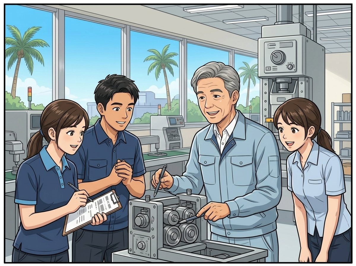 1コマ漫画：明るい工場で、日本人の管理者がプレス機の前でタイ人スタッフ3人に笑顔で教えている。スタッフはうなずき、メモを取っている