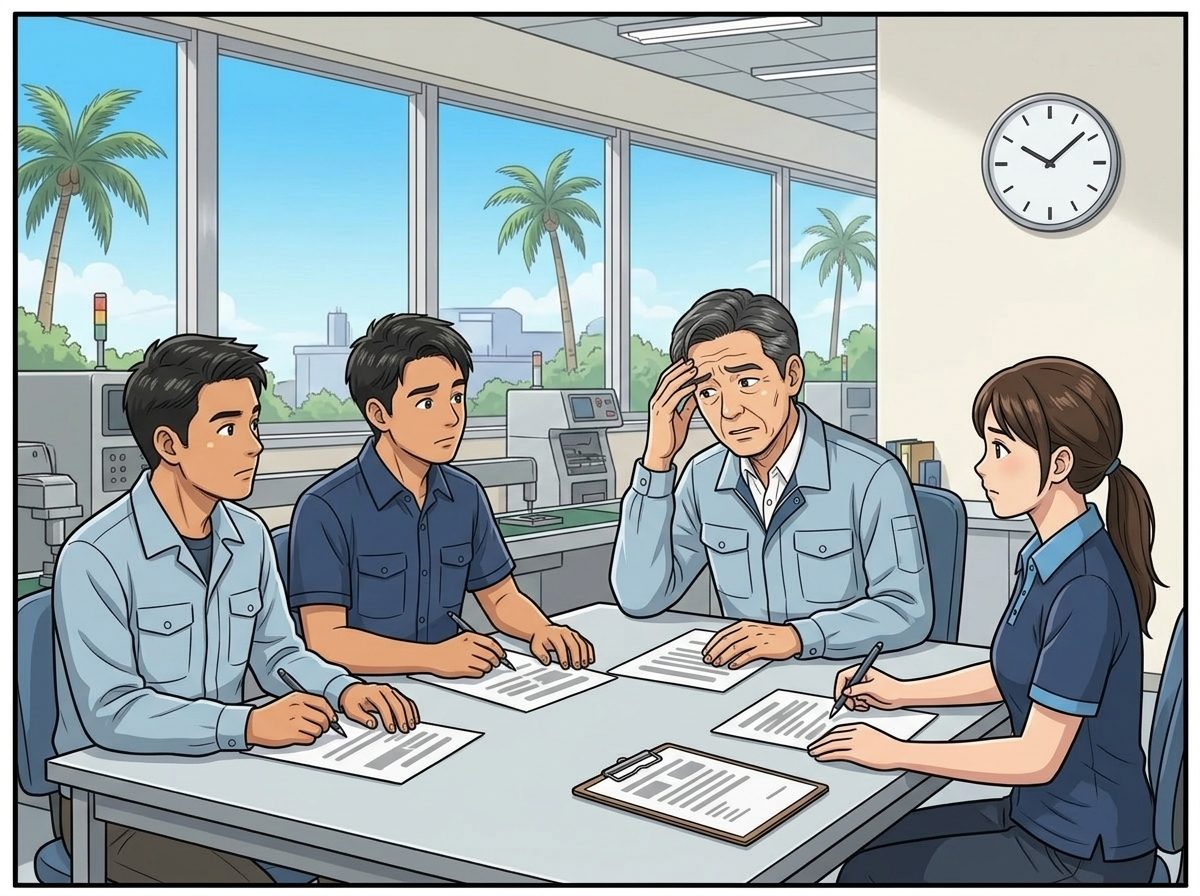 1コマ漫画：工場の会議室。日本人の管理者が額に手を当てて困り、タイ人の班長たちも資料を前に始められずにいる。通訳さんがいない