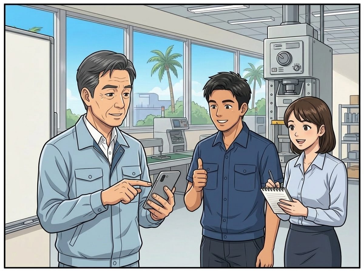 1コマ漫画：明るい工場で、日本人の管理者がスマホを指して、タイ人の班長と通訳さんと立ったまま短く確認している。班長は親指を立て、通訳さんは笑顔でメモを取る